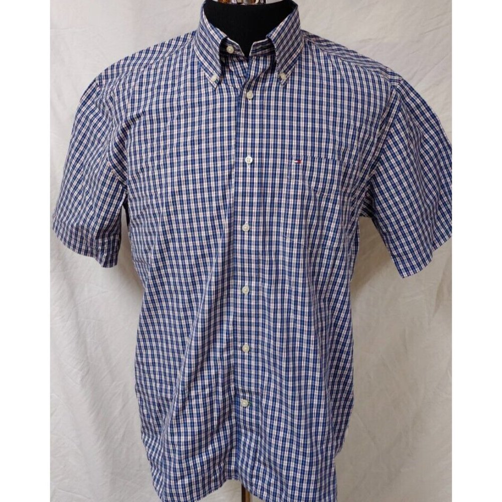 Tommy Hilfiger Mens Medium Blue Red Plaid Short Sleeve Button Down Logo Shirt